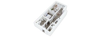A white model of a house with multiple rooms and furniture.